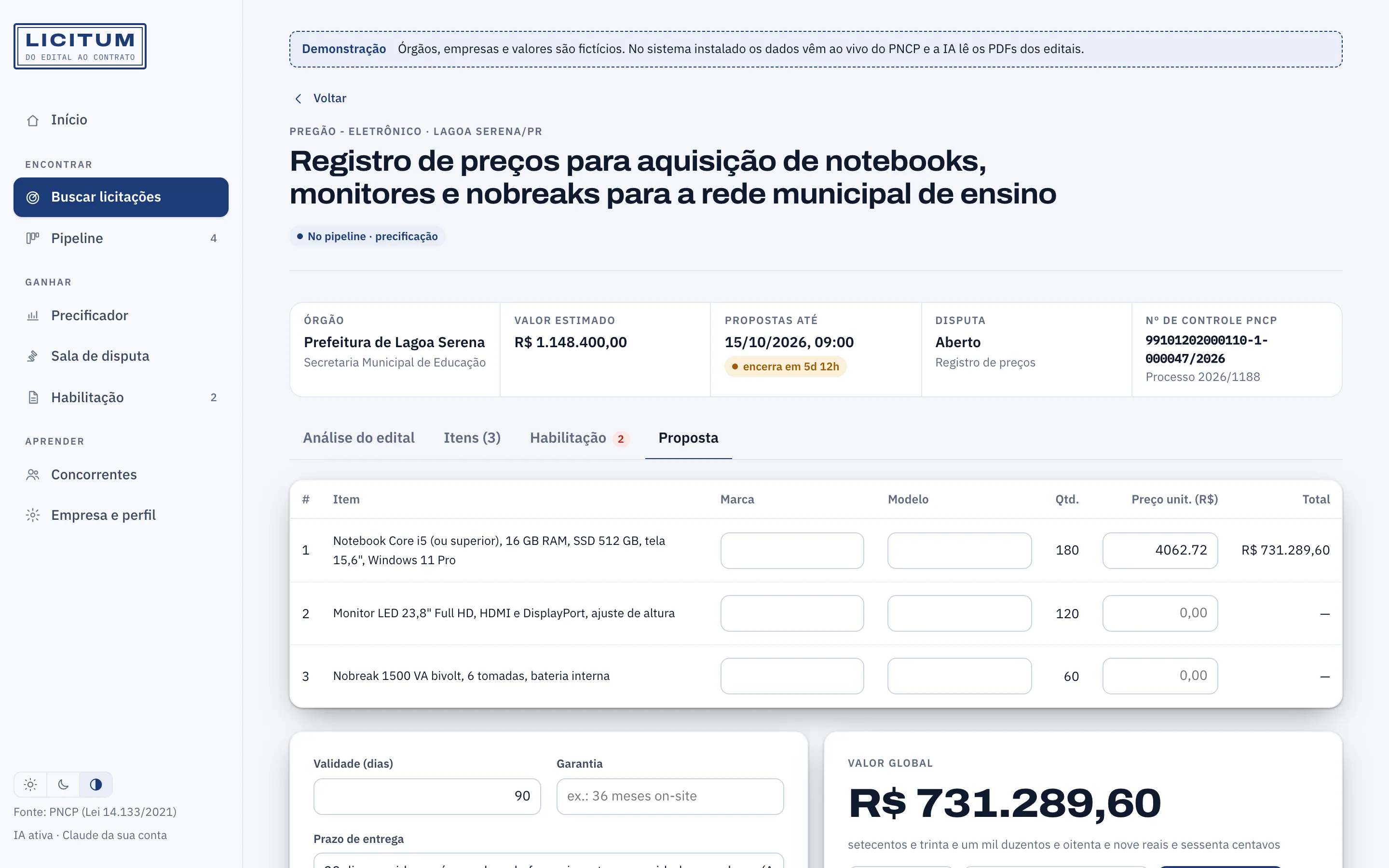 Proposta com itens, valor global por extenso e botão para baixar DOCX